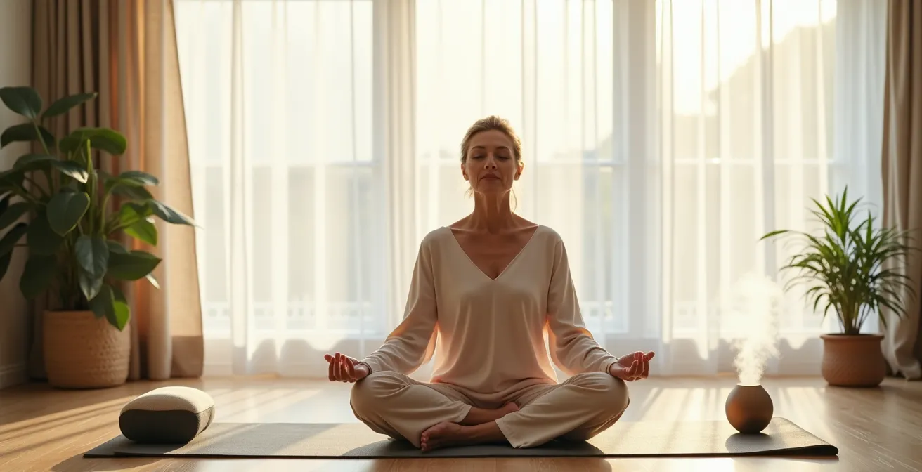 Espace de récupération zen avec tapis de yoga et accessoires de relaxation