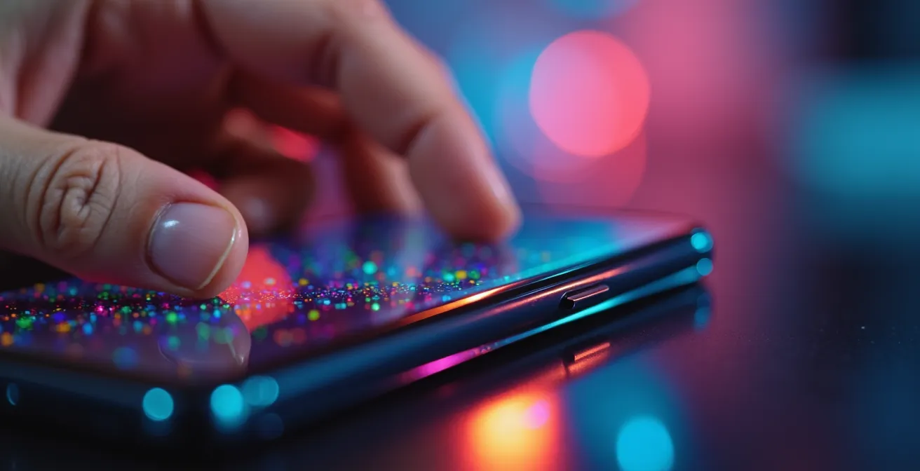 Détail macro d'une main tenant un smartphone avec reflets colorés abstraits sur l'écran
