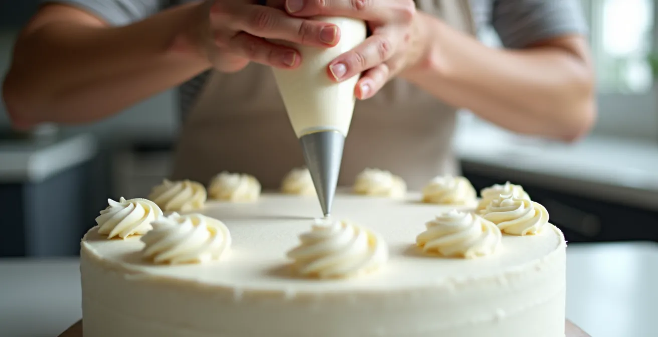 Mains expertes utilisant une poche à douille professionnelle pour décorer un gâteau
