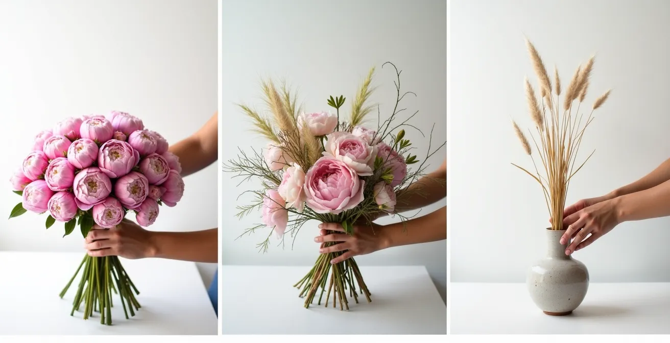Triptyque montrant trois compositions florales : bouquet rond dense, arrangement champêtre déstructuré et tige unique minimaliste