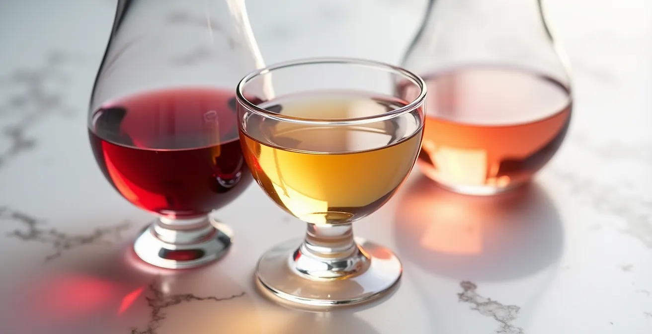 Comparaison de trois verres à vin différents photographiés en macro montrant leurs courbes distinctes